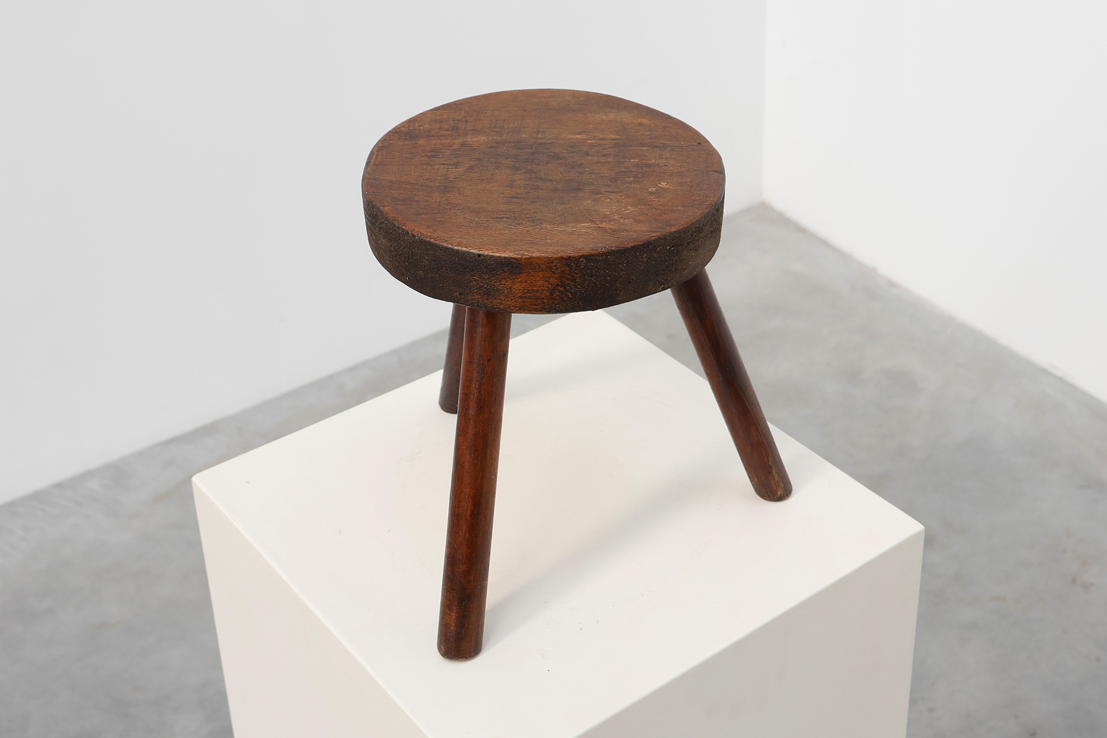 Rustic oak wooden tripod stool, France, ca. 1900thumbnail